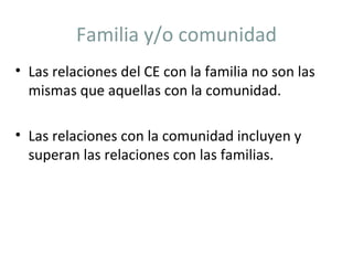 Las relaciones del CE con la familia no son las mismas que aquellas con la comunidad. Las relaciones con la comunidad incluyen y superan las relaciones con las familias. Familia y/o comunidad 