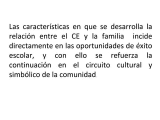 Las características en que se desarrolla la relación entre el CE y la familia  incide directamente en las oportunidades de éxito escolar, y con ello se refuerza la continuación en el circuito cultural y simbólico de la comunidad .. 
