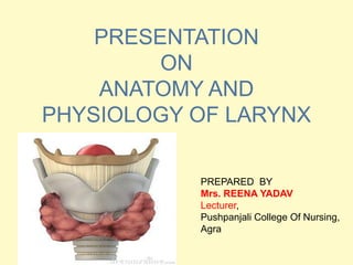 PRESENTATION
ON
ANATOMY AND
PHYSIOLOGY OF LARYNX
PREPARED BY
Mrs. REENA YADAV
Lecturer,
Pushpanjali College Of Nursing,
Agra
 