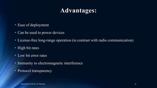 Advantages:
• Ease of deployment
• Can be used to power devices
• License-free long-range operation (in contrast with radio communication)
• High bit rates
• Low bit error rates
• Immunity to electromagnetic interference
• Protocol transparency
Department of ECE, CIT Mandya 10
 