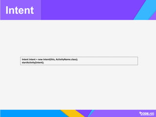 Intent
Intent intent = new Intent(this, ActivityName.class);
startActivity(intent);
 