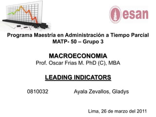 Programa Maestría en Administración a Tiempo Parcial MATP- 50 – Grupo 3MACROECONOMIAProf. Oscar Frias M. PhD (C), MBALEADING INDICATORS0810032		Ayala Zevallos, Gladys Lima, 26 de marzo del 2011 