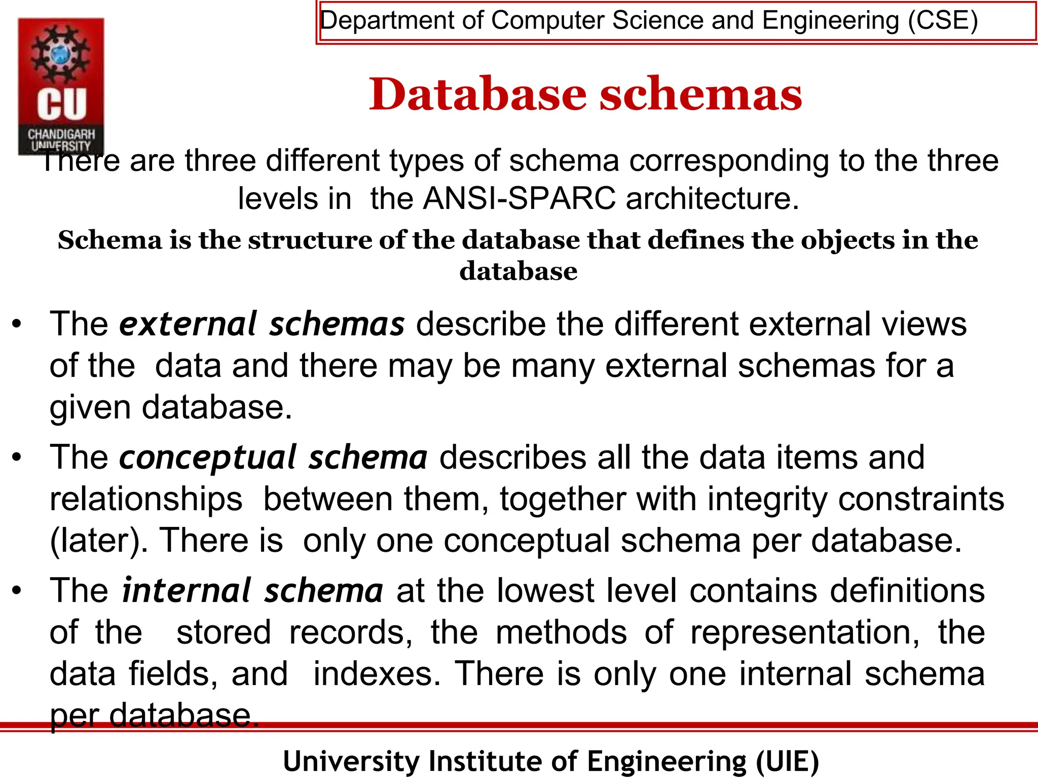 Department of Computer Science and Engineering (CSE)
University Institute of Engineering (UIE)
Database schemas
There are three different types of schema corresponding to the three
levels in the ANSI-SPARC architecture.
Schema is the structure of the database that defines the objects in the
database
• The external schemas describe the different external views
of the data and there may be many external schemas for a
given database.
• The conceptual schema describes all the data items and
relationships between them, together with integrity constraints
(later). There is only one conceptual schema per database.
• The internal schema at the lowest level contains definitions
of the stored records, the methods of representation, the
data fields, and indexes. There is only one internal schema
per database.
 