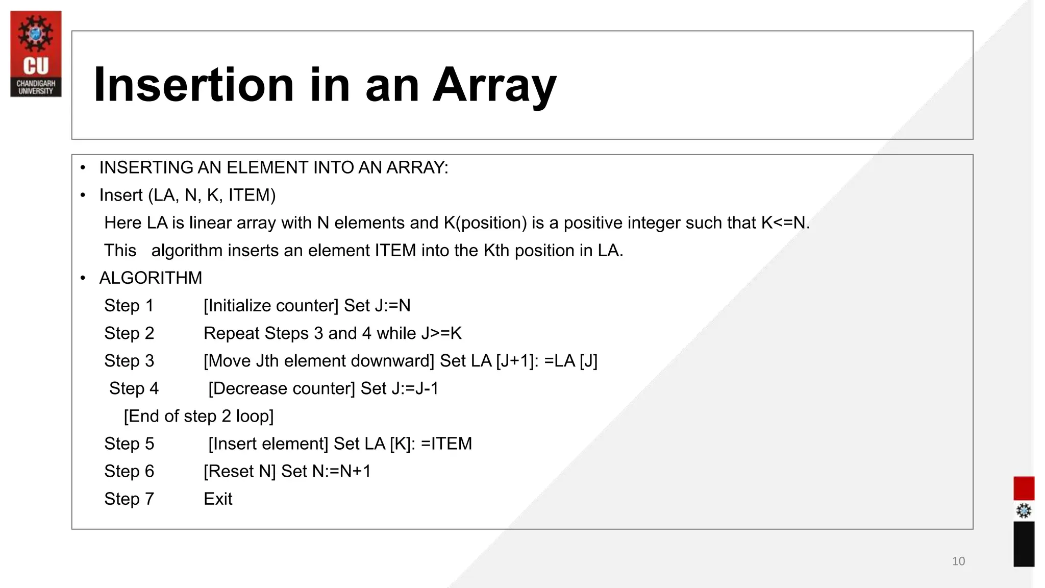 Insertion in an Array
• INSERTING AN ELEMENT INTO AN ARRAY:
• Insert (LA, N, K, ITEM)
Here LA is linear array with N elements and K(position) is a positive integer such that K<=N.
This algorithm inserts an element ITEM into the Kth position in LA.
• ALGORITHM
Step 1 [Initialize counter] Set J:=N
Step 2 Repeat Steps 3 and 4 while J>=K
Step 3 [Move Jth element downward] Set LA [J+1]: =LA [J]
Step 4 [Decrease counter] Set J:=J-1
[End of step 2 loop]
Step 5 [Insert element] Set LA [K]: =ITEM
Step 6 [Reset N] Set N:=N+1
Step 7 Exit
10
 