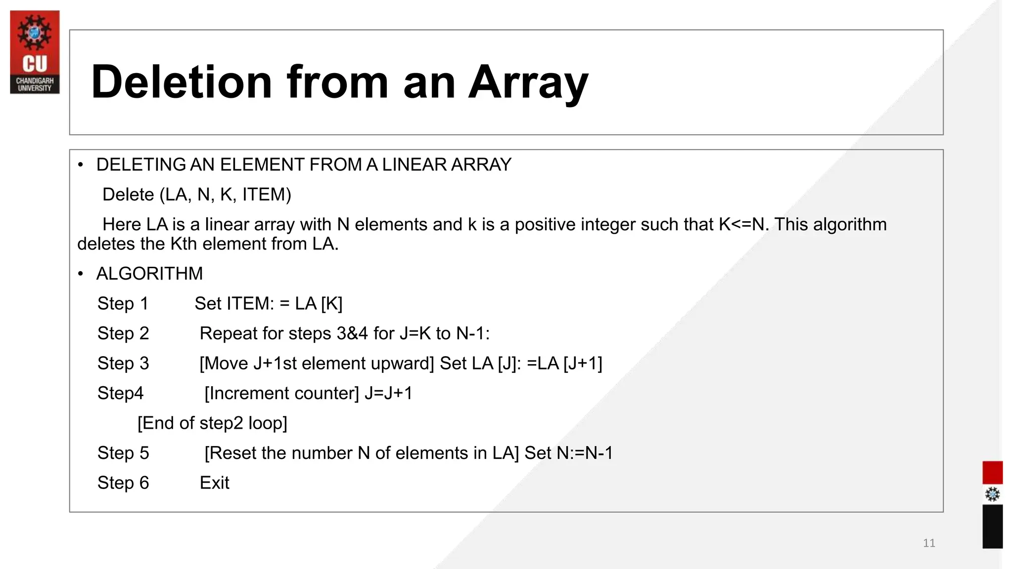 Deletion from an Array
• DELETING AN ELEMENT FROM A LINEAR ARRAY
Delete (LA, N, K, ITEM)
Here LA is a linear array with N elements and k is a positive integer such that K<=N. This algorithm
deletes the Kth element from LA.
• ALGORITHM
Step 1 Set ITEM: = LA [K]
Step 2 Repeat for steps 3&4 for J=K to N-1:
Step 3 [Move J+1st element upward] Set LA [J]: =LA [J+1]
Step4 [Increment counter] J=J+1
[End of step2 loop]
Step 5 [Reset the number N of elements in LA] Set N:=N-1
Step 6 Exit
11
 