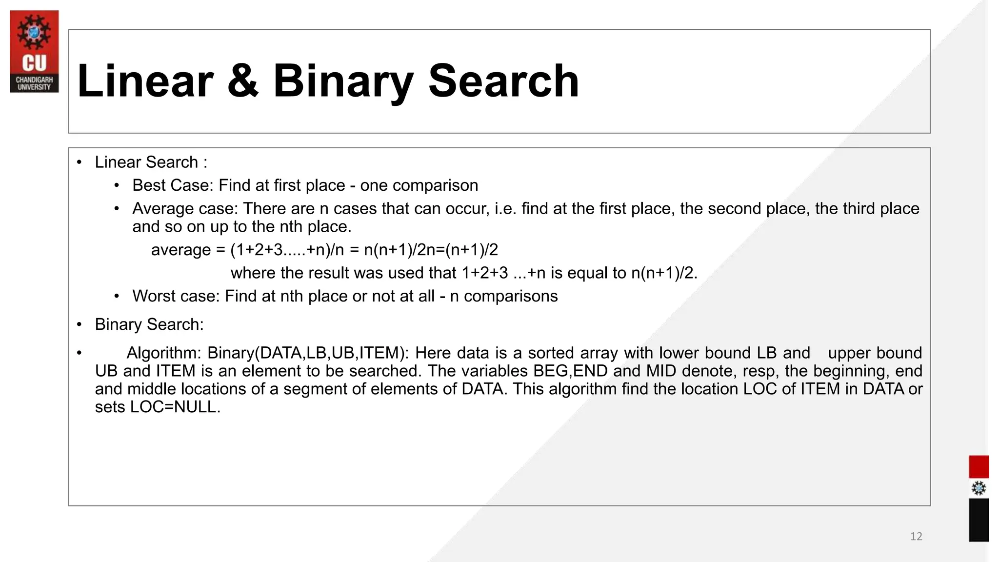 Linear & Binary Search
• Linear Search :
• Best Case: Find at first place - one comparison
• Average case: There are n cases that can occur, i.e. find at the first place, the second place, the third place
and so on up to the nth place.
average = (1+2+3.....+n)/n = n(n+1)/2n=(n+1)/2
where the result was used that 1+2+3 ...+n is equal to n(n+1)/2.
• Worst case: Find at nth place or not at all - n comparisons
• Binary Search:
• Algorithm: Binary(DATA,LB,UB,ITEM): Here data is a sorted array with lower bound LB and upper bound
UB and ITEM is an element to be searched. The variables BEG,END and MID denote, resp, the beginning, end
and middle locations of a segment of elements of DATA. This algorithm find the location LOC of ITEM in DATA or
sets LOC=NULL.
12
 