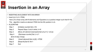Insertion in an Array
• INSERTING AN ELEMENT INTO AN ARRAY:
• Insert (LA, N, K, ITEM)
Here LA is linear array with N elements and K(position) is a positive integer such that K<=N.
This algorithm inserts an element ITEM into the Kth position in LA.
• ALGORITHM
Step 1 [Initialize counter] Set J:=N
Step 2 Repeat Steps 3 and 4 while J>=K
Step 3 [Move Jth element downward] Set LA [J+1]: =LA [J]
Step 4 [Decrease counter] Set J:=J-1
[End of step 2 loop]
Step 5 [Insert element] Set LA [K]: =ITEM
Step 6 [Reset N] Set N:=N+1
Step 7 Exit
10
 
