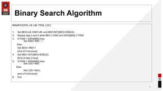 Binary Search Algorithm
BINARY(DATA, LB, UB, ITEM, LOC)
1. Set BEG=LB; END=UB; and MID=INT((BEG+END)/2).
2. Repeat step 3 and 4 while BEG ≤ END and DATA[MID] ≠ ITEM
3. If ITEM < DATA[MID] then
Set END= MID - 1
Else:
Set BEG= MID+1
[end of if structure]
4. Set MID= INT((BEG+END)/2)
[End of step 2 loop]
5. If ITEM = DATA[MID] then
Set LOC= MID
Else:
Set LOC= NULL
[end of if structure]
6. Exit.
14
 