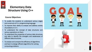 Elementary Data
Structure Using C++
Course Objectives
2
• To enable the students to understand various stages
and constructs of C++ programming language.
• To improve their ability to analyze and address variety
of problems in C++.
• To understand the concept of data structures and
various operations on them.
• To understand the properties of various data structures
and able to identify the strengths and weaknesses of
different data structures.
• To analyze and compare the efficiency of algorithms
and learn to design efficient algorithms for solving
computing problems
 