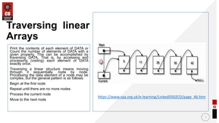 Print the contents of each element of DATA or
Count the number of elements of DATA with a
given property. This can be accomplished by
traversing DATA, That is, by accessing and
processing (visiting) each element of DATA
exactly once.
Traversing a linear structure means moving
through it sequentially, node by node.
Processing the data element of a node may be
complex, but the general pattern is as follows:
Begin at the first node
Repeat until there are no more nodes
Process the current node
Move to the next node
7
Traversing linear
Arrays
https://www.sqa.org.uk/e-learning/LinkedDS02CD/page_46.htm
 
