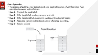 15
Push Operation
• The process of putting a new data element onto stack is known as a Push Operation. Push
operation involves a series of steps −
• Step 1 − Checks if the stack is full.
• Step 2 − If the stack is full, produces an error and exit.
• Step 3 − If the stack is not full, increments top to point next empty space.
• Step 4 − Adds data element to the stack location, where top is pointing.
• Step 5 − Returns success
 