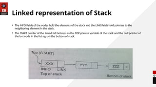 Linked representation of Stack
• The INFO fields of the nodes hold the elements of the stack and the LINK fields hold pointers to the
neighboring element in the stack.
• The START pointer of the linked list behaves as the TOP pointer variable of the stack and the null pointer of
the last node in the list signals the bottom of stack.
 