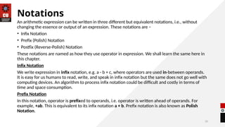 20
Notations
An arithmetic expression can be written in three different but equivalent notations, i.e., without
changing the essence or output of an expression. These notations are −
• Infix Notation
• Prefix (Polish) Notation
• Postfix (Reverse-Polish) Notation
These notations are named as how they use operator in expression. We shall learn the same here in
this chapter.
Infix Notation
We write expression in infix notation, e.g. a - b + c, where operators are used in-between operands.
It is easy for us humans to read, write, and speak in infix notation but the same does not go well with
computing devices. An algorithm to process infix notation could be difficult and costly in terms of
time and space consumption.
Prefix Notation
In this notation, operator is prefixed to operands, i.e. operator is written ahead of operands. For
example, +ab. This is equivalent to its infix notation a + b. Prefix notation is also known as Polish
Notation.
 