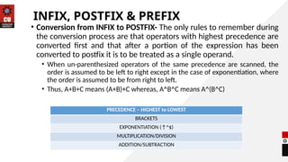 INFIX, POSTFIX & PREFIX
• Conversion from INFIX to POSTFIX- The only rules to remember during
the conversion process are that operators with highest precedence are
converted first and that after a portion of the expression has been
converted to postfix it is to be treated as a single operand.
• When un-parenthesized operators of the same precedence are scanned, the
order is assumed to be left to right except in the case of exponentiation, where
the order is assumed to be from right to left.
• Thus, A+B+C means (A+B)+C whereas, A^B^C means A^(B^C)
PRECEDENCE – HIGHEST to LOWEST
BRACKETS
EXPONENTIATION (↑^$)
MULTIPLICATION/DIVISION
ADDITION/SUBTRACTION
 