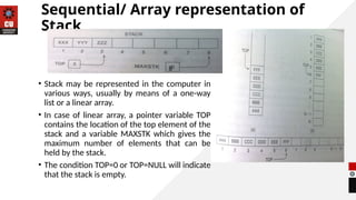 Sequential/ Array representation of
Stack
• Stack may be represented in the computer in
various ways, usually by means of a one-way
list or a linear array.
• In case of linear array, a pointer variable TOP
contains the location of the top element of the
stack and a variable MAXSTK which gives the
maximum number of elements that can be
held by the stack.
• The condition TOP=0 or TOP=NULL will indicate
that the stack is empty.
8
 