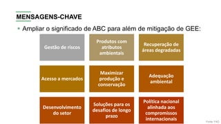 Fonte: FAO
MENSAGENS-CHAVE
▪ Ampliar o significado de ABC para além de mitigação de GEE:
Gestão de riscos
Produtos com
atributos
ambientais
Recuperação de
áreas degradadas
Acesso a mercados
Maximizar
produção e
conservação
Adequação
ambiental
Desenvolvimento
do setor
Soluções para os
desafios de longo
prazo
Política nacional
alinhada aos
compromissos
internacionais
 