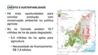 CRÉDITO E SUSTENTABILIDADE
▪ Há mais oportunidades para
conciliar produção com
conservação ambiental na política
agrícola
▪ Só no Cerrado existem 18,7
milhões de ha de pasto degradado;
▪ 5,4 milhões de ha aptos para
agricultura
▪ Necessidade de financiamento:
R$ 7,8 bilhões
Fonte: Pereira et al. (2018)
 