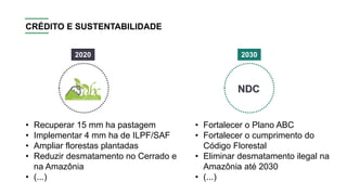 CRÉDITO E SUSTENTABILIDADE
NDC
2020 2030
• Recuperar 15 mm ha pastagem
• Implementar 4 mm ha de ILPF/SAF
• Ampliar florestas plantadas
• Reduzir desmatamento no Cerrado e
na Amazônia
• (...)
• Fortalecer o Plano ABC
• Fortalecer o cumprimento do
Código Florestal
• Eliminar desmatamento ilegal na
Amazônia até 2030
• (...)
 