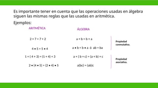 Es importante tener en cuenta que las operaciones usadas en álgebra
siguen las mismas reglas que las usadas en aritmética.
Ejemplos:
a + ( b + c) = (a + b) + c
a(bc) = (ab)c
ÁLGEBRA
2 + 7 = 7 + 2 a + b = b + a
a • b = b • a ó ab = ba
ARITMÉTICA
4 • 5 = 5 • 4
1 + ( 4 + 3) = (1 + 4) + 3
2 • (4 • 5) = (2 • 4) • 5
Propiedad
conmutativa.
Propiedad
asociativa.
 