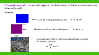 El lenguaje algebraico nos permite expresar, mediante números, letras y operaciones, una
información dada.
Ejemplos:
El área del rectángulo está dada por:
El perímetro del cuadrado está dado por:
a cm
b cm
A = a • b cm2
x cm
x cm
P = 4 • x cm
Si un auto recorre 50 km en t minutos, la velocidad promedio
del auto está dada por:
V=
50
t
km/h
 