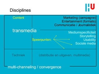 Disciplines Speerpunten: Content Marketing (campagne) Entertainment (formats) Communicatie / Journalistiek Mediumspecificiteit Storytelling Usability Sociale media Techniek (distributie en uitgeven, multimedia) transmedia multi-channeling / convergence 