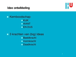 Idee ontwikkeling Kernboodschap : KIJK WANT EN DUS 3 krachten van (big) Ideas  Beeldkracht Vormkracht Daadkracht  4 
