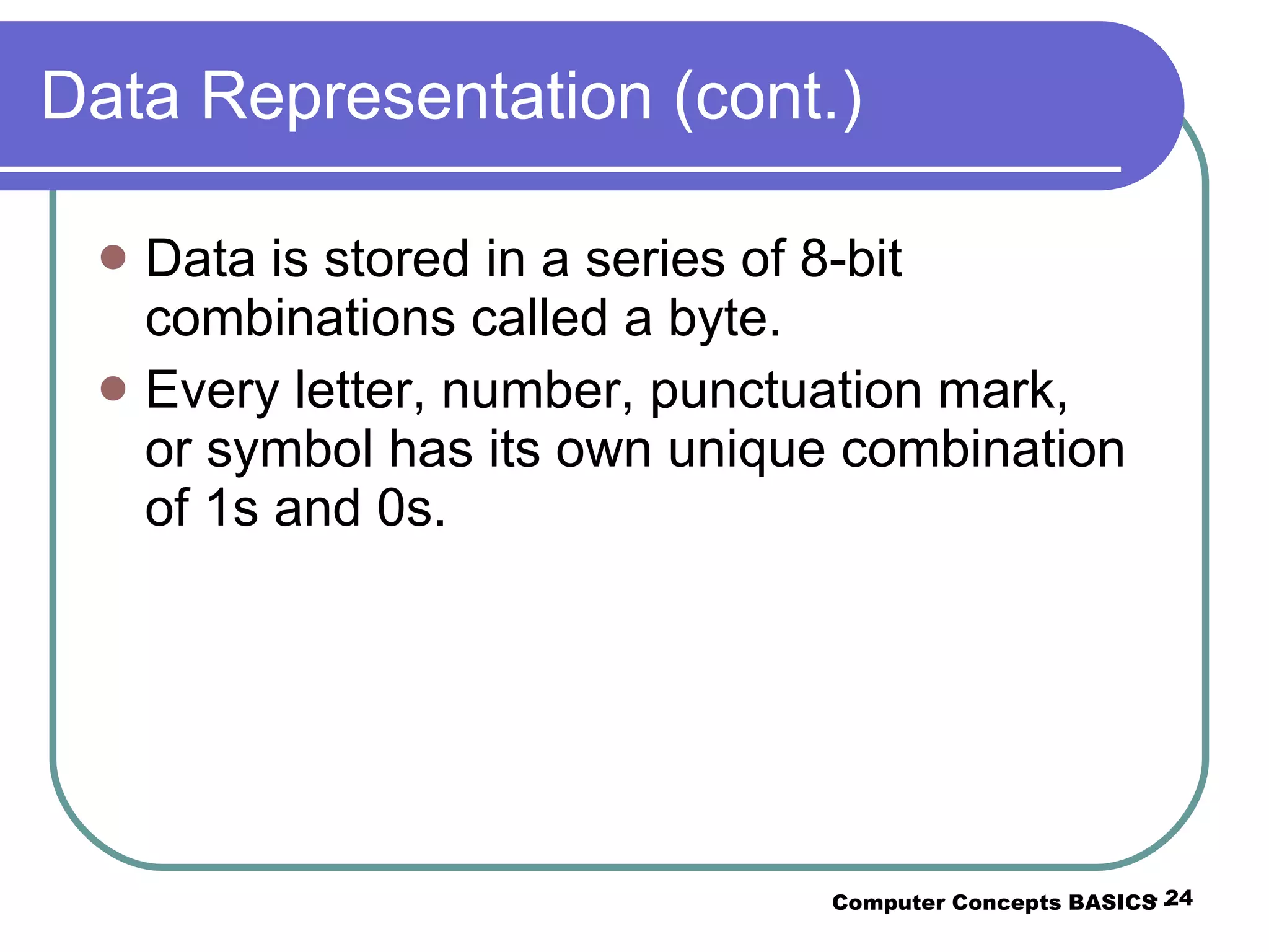 Data Representation (cont.) Data is stored in a series of 8-bit combinations called a byte. Every letter, number, punctuation mark, or symbol has its own unique combination of 1s and 0s. Computer Concepts BASICS -  -  