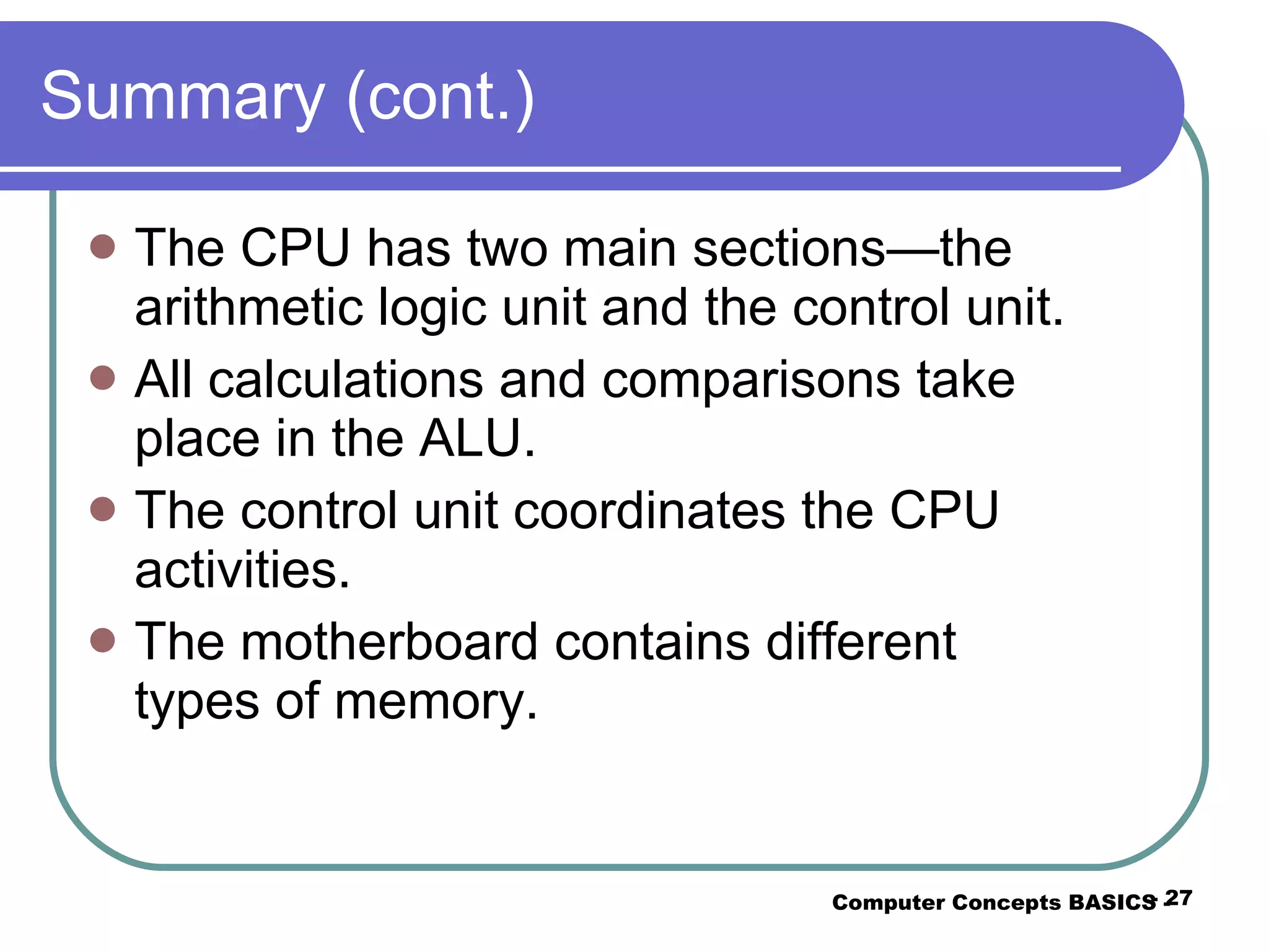 Summary (cont.) The CPU has two main sections—the arithmetic logic unit and the control unit. All calculations and comparisons take place in the ALU. The control unit coordinates the CPU activities. The motherboard contains different types of memory. Computer Concepts BASICS -  -  