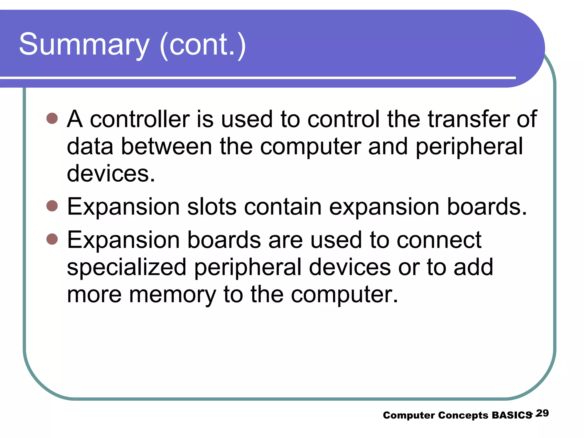 Summary (cont.) A controller is used to control the transfer of data between the computer and peripheral devices. Expansion slots contain expansion boards. Expansion boards are used to connect specialized peripheral devices or to add more memory to the computer. Computer Concepts BASICS -  -  