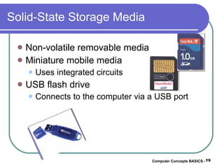 Solid-State Storage Media Non-volatile removable media Miniature mobile media Uses integrated circuits USB flash drive Connects to the computer via a USB port Computer Concepts BASICS -  