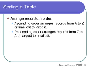 Sorting a Table Arrange records in order. Ascending order arranges records from A to Z or smallest to largest. Descending order arranges records from Z to A or largest to smallest. 