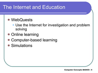 The Internet and Education WebQuests Use the Internet for investigation and problem solving Online learning Computer-based learning Simulations 