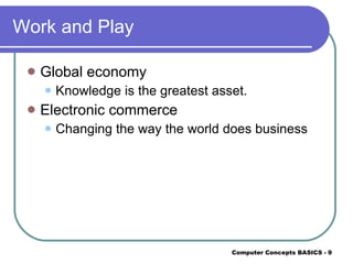 Work and Play Global economy Knowledge is the greatest asset. Electronic commerce Changing the way the world does business 