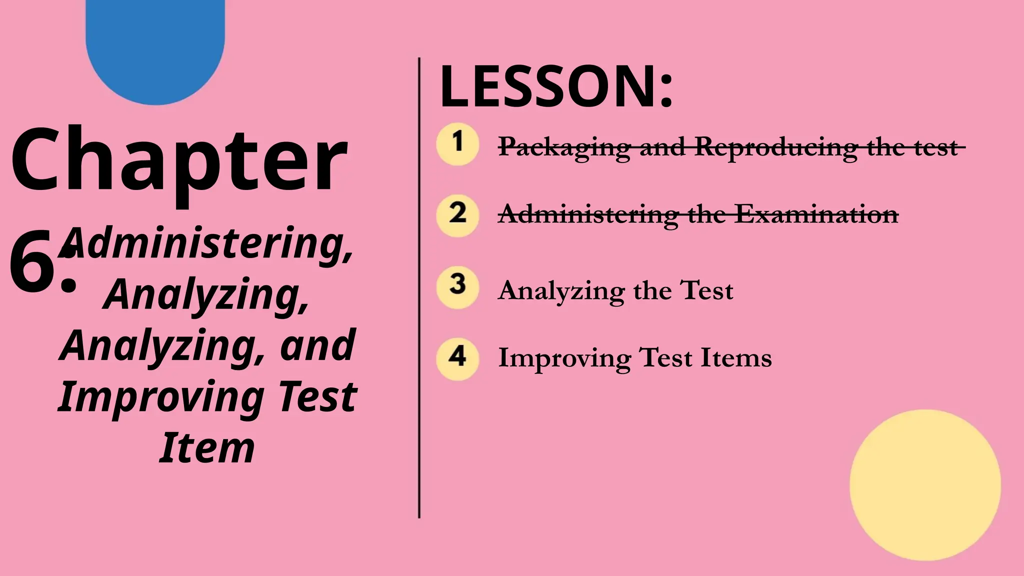 Chapter
6:
Administering,
Analyzing,
Analyzing, and
Improving Test
Item
Packaging and Reproducing the test
Administering the Examination
Analyzing the Test
Improving Test Items
LESSON:
 