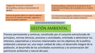 GESTIÓN AMBIENTAL
Sistema Nacional de Gestión Ambiental
Proceso permanente y continuo, constituido por el conjunto estructurado de
principios, normas técnicas, procesos y actividades, orientado a administrar los
intereses, expectativas y recursos relacionados con los objetivos de la política
ambiental y alcanzar así, una mejor calidad de vida y el desarrollo integral de la
población, el desarrollo de las actividades económicas y la conservación del
patrimonio ambiental y natural del país.
integración funcional y territorial
de la política, normas e instrumentos de
gestión
funciones públicas y relaciones de coordinación de las
instituciones del Estado y de la sociedad civil, en materia
ambiental.
sistemas de gestión pública en materia ambiental,
tales como los sistemas sectoriales, regionales y
locales de gestión ambiental
Los instrumentos de gestión ambiental son mecanismos
orientados a la ejecución de la política ambiental
 