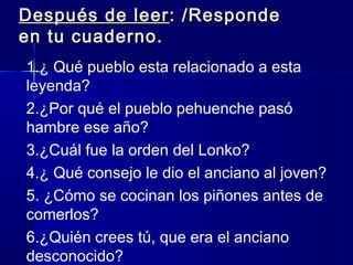 Después de leerDespués de leer : /Responde: /Responde
en tu cuaderno.en tu cuaderno.
1.¿ Qué pueblo esta relacionado a esta
leyenda?
2.¿Por qué el pueblo pehuenche pasó
hambre ese año?
3.¿Cuál fue la orden del Lonko?
4.¿ Qué consejo le dio el anciano al joven?
5. ¿Cómo se cocinan los piñones antes de
comerlos?
6.¿Quién crees tú, que era el anciano
desconocido?
 