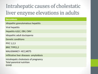 Intrahepatic causes of cholestatic
liver enzyme elevations in adults
Sarcoidosis
Idiopathic granulomatous hepatitis
Viral hepatitis
Hepatitis A,B,C, EBV, CMV
Idiopathic adult ductopenia
Genetic conditions
PFIC 1,2,3
BRIC TYPE1,2
MALIGNANCY- HCC,METS
Infiltrative liver diseases- amyloidosis
Intrahepatic cholestasis of pregnancy
Total parentral nutrition
GVHD
 