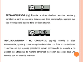 RECONOCIMIENTO (by) Permite a otros distribuir, mezclar, ajustar y
construir a partir de su obra, incluso con fines comerciales, siempre que
sea reconocida la autoría de la creación original.
RECONOCIMIENTO – NO COMERCIAL (by-nc) Permite a otros
entremezclar, ajustar y construir a partir de su obra con fines no comerciales,
y aunque en sus nuevas creaciones deban reconocerle su autoría y no
puedan ser utilizadas de manera comercial, no tienen que estar bajo una
licencia con los mismos términos.
 
