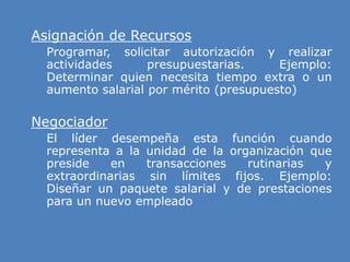 » Asignación de Recursos
» Programar, solicitar autorización y realizar
actividades presupuestarias. Ejemplo:
Determinar quien necesita tiempo extra o un
aumento salarial por mérito (presupuesto)
» Negociador
» El líder desempeña esta función cuando
representa a la unidad de la organización que
preside en transacciones rutinarias y
extraordinarias sin límites fijos. Ejemplo:
Diseñar un paquete salarial y de prestaciones
para un nuevo empleado
 