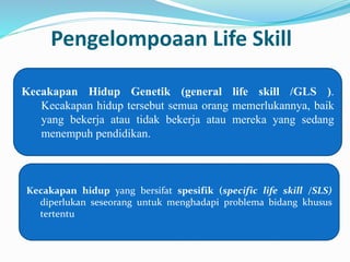 Pengelompoaan Life Skill
Kecakapan Hidup Genetik (general life skill /GLS ).
Kecakapan hidup tersebut semua orang memerlukannya, baik
yang bekerja atau tidak bekerja atau mereka yang sedang
menempuh pendidikan.
Kecakapan hidup yang bersifat spesifik (specific life skill /SLS)
diperlukan seseorang untuk menghadapi problema bidang khusus
tertentu
 