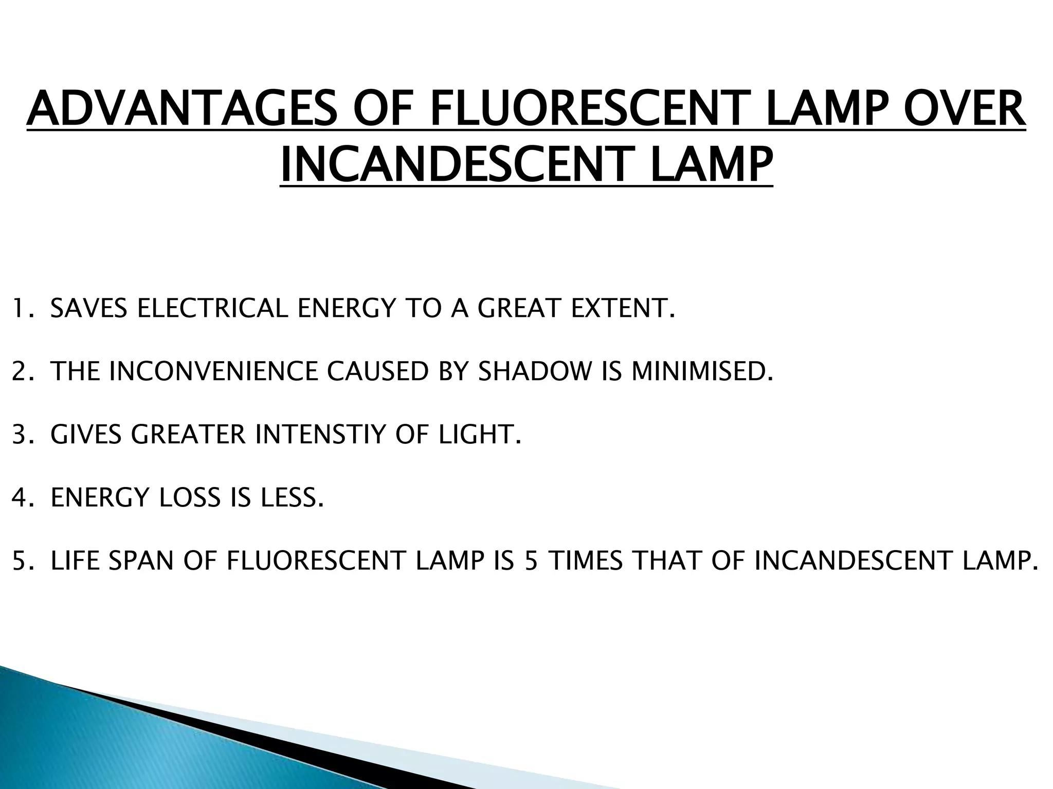 ADVANTAGES OF FLUORESCENT LAMP OVER 
INCANDESCENT LAMP 
1. SAVES ELECTRICAL ENERGY TO A GREAT EXTENT. 
2. THE INCONVENIENCE CAUSED BY SHADOW IS MINIMISED. 
3. GIVES GREATER INTENSTIY OF LIGHT. 
4. ENERGY LOSS IS LESS. 
5. LIFE SPAN OF FLUORESCENT LAMP IS 5 TIMES THAT OF INCANDESCENT LAMP. 
 