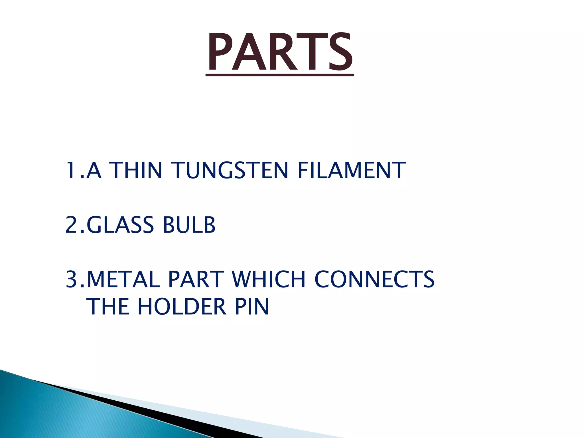 PARTS 
1.A THIN TUNGSTEN FILAMENT 
2.GLASS BULB 
3.METAL PART WHICH CONNECTS 
THE HOLDER PIN 
 