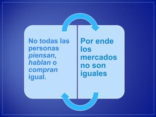 No todas las personas piensan, hablan o compran igual. 
Por ende los mercados no son iguales  