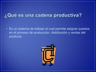 •Es un sistema de trabajo el cual permite asignar puestos en el proceso de producción, distribución y ventas del producto.  