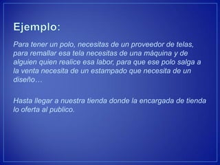 Para tener un polo, necesitas de un proveedor de telas, para remallar esa tela necesitas de una máquina y de alguien quien realice esa labor, para que ese polo salga a la venta necesita de un estampado que necesita de un diseño… 
Hasta llegar a nuestra tienda donde la encargada de tienda lo oferta al publico.  