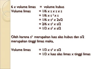 6 x volume limas  =  volume kubus                             
Volume limas
= 1/6 x s x s x s 
                          = 1/6 x s 2 x s
                          = 1/6 x s2 x 2s/2 
                          = 2/6 x s2 x s/2 
                          = 1/3 x s2 x s/2                            
                         
Oleh karena s2  merupakan luas alas kubus dan s/2
merupakan tinggi limas maka,
Volume limas 
            
 

= 1/3 x s2 x s/2
= 1/3 x luas alas limas x tinggi limas

 