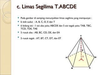 c. Limas Segilima T.ABCDE


Pada gambar di samping menunjukkan limas segilima yang mempunyai :



6 titik sudut  : A, B, C, D, E dan T



6 bidang sisi : 1 sisi alas yaitu ABCDE dan 5 sisi tegak yaitu TAB, TBC,
TCD, TDE, TAE



5 rusuk alas : AB, BC, CD, DE, dan EA



5 rusuk tegak : AT, BT, CT, DT, dan ET

 

 