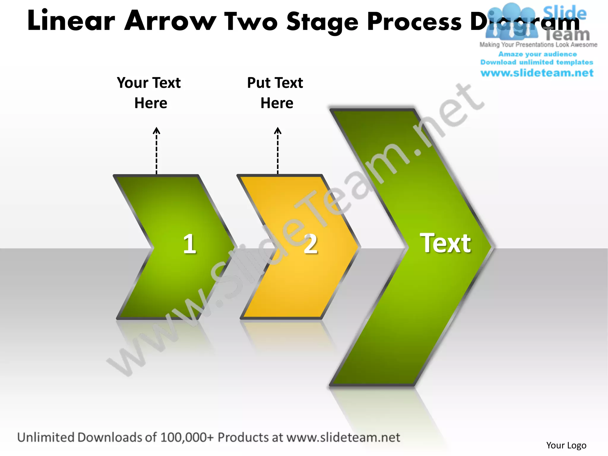 Linear Arrow Two Stage Process Diagram
Your Text Put Text
Here Here
1 2 Text
Your Logo