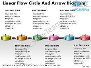Linear Flow Circle And Arrow Diagram
Your Text Here                        Put Text Here                     Your Text Here
 Download this                        Download this                     Download this
 awesome diagram.                     awesome diagram.                  awesome diagram.
 Bring your                           Bring your                        Bring your
 presentation to life.                presentation to life.             presentation to life.
 All images are 100%                  All images are 100%               All images are 100%
 editable in                          editable in                       editable in
 powerpoint                           powerpoint                        powerpoint


 1                   2                     3                   4                   5                   6

             Your Text Here                           Put Text Here                      Your Text Here
              Download this                           Download this                       Download this
              awesome diagram.                        awesome diagram.                    awesome diagram.
              Bring your                              Bring your                          Bring your
              presentation to life.                   presentation to life.               presentation to life.
              All images are 100%                     All images are 100%                 All images are 100%
              editable in                             editable in                         editable in
              powerpoint                              powerpoint                          powerpoint
                                                                                                    Your Logo
 