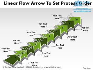 Linear Flow Arrow To Set Process Order

                                                          Your Text
                                                            Here                 10
                                           Put Text                       9
                                            Here                      8               Put Text
                                                                                       Here
                           Your Text                        7
                             Here                     6                   Your Text
            Put Text                          5                             Here
             Here
                                    4                        Put Text
Your Text                   3                                 Here
  Here
                       2                     Your Text
                                               Here
              1

                                Put Text
                                 Here
                                                                                       Your Logo
 
